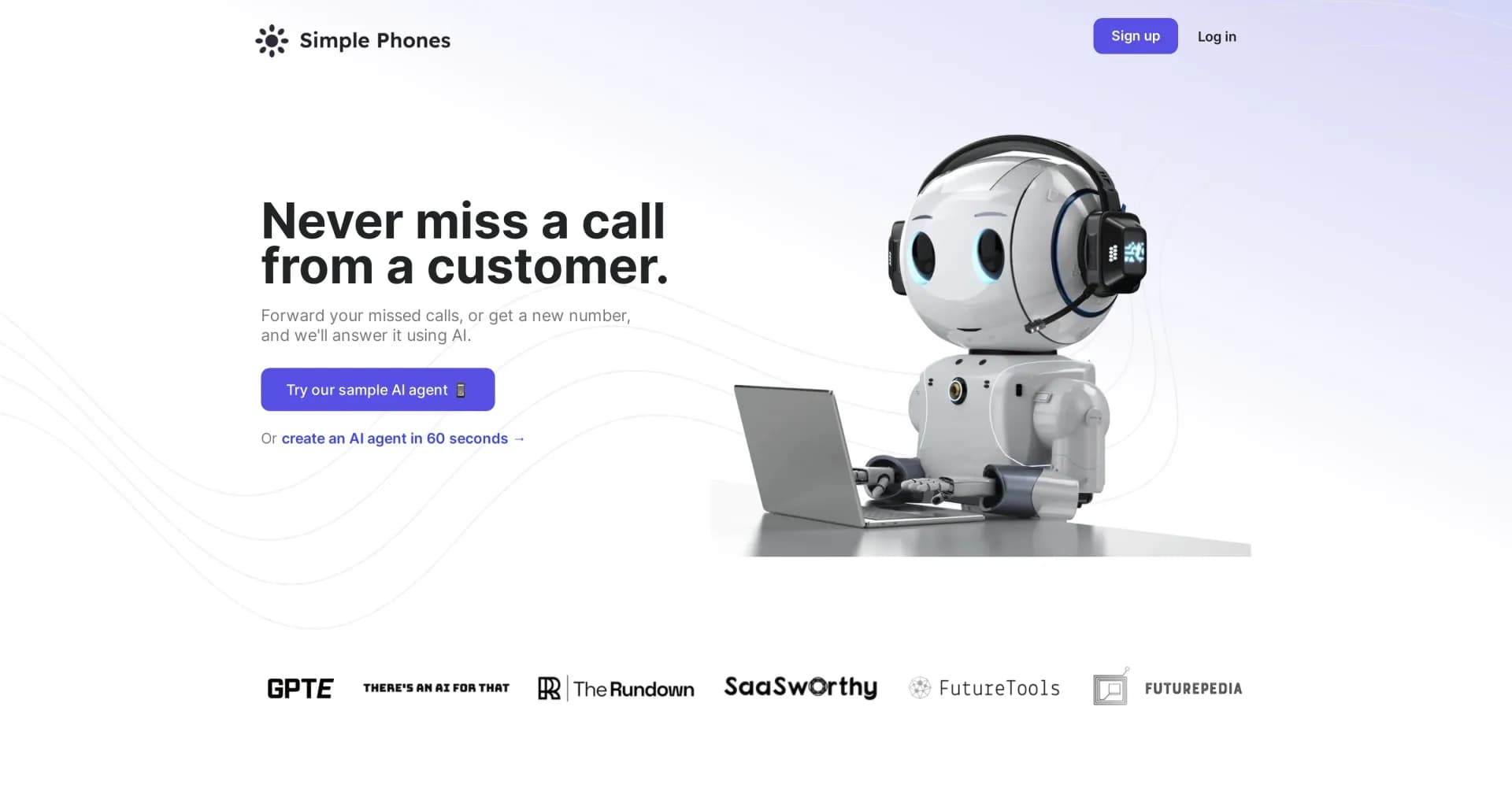 Simple Phones homepage screenshot — Never miss a customer call with your AI phone agent.