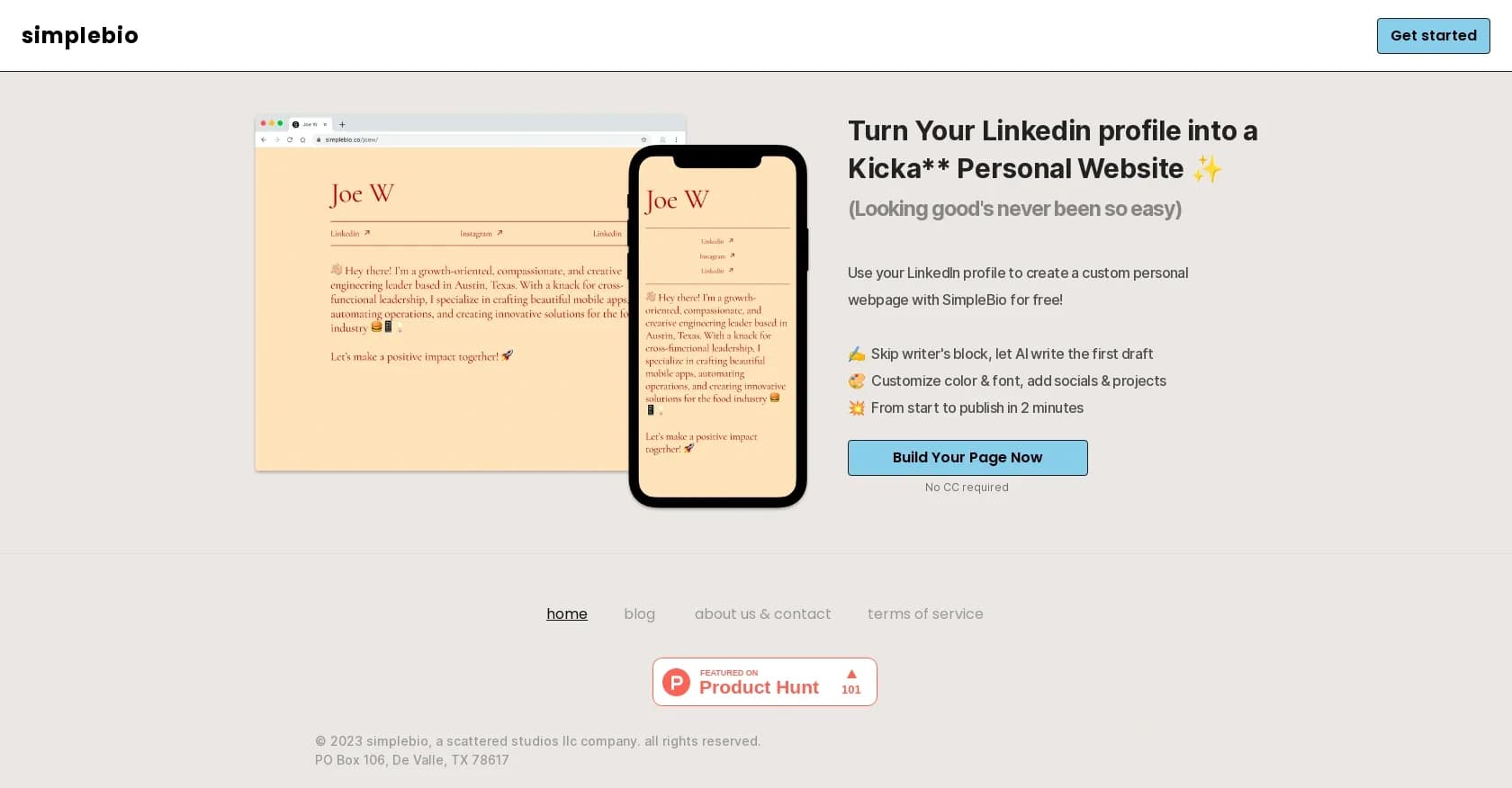 Simplebio homepage screenshot — Turn your LinkedIn profile into a kickass personal website i