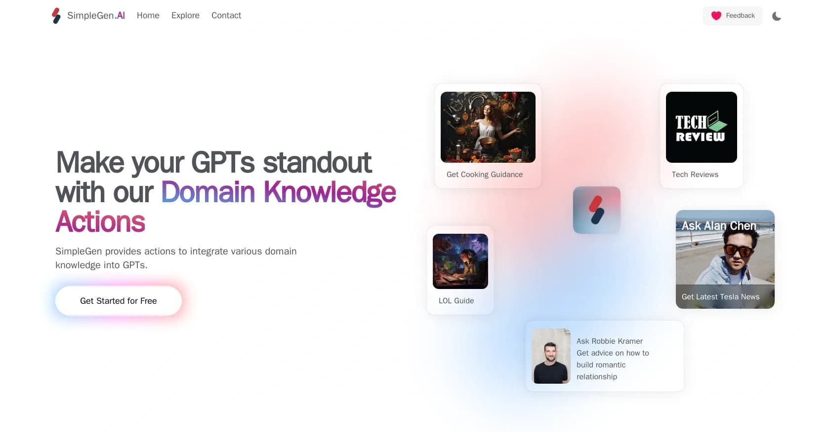 SimpleGen homepage screenshot — Empower GPTs with domain-specific actions