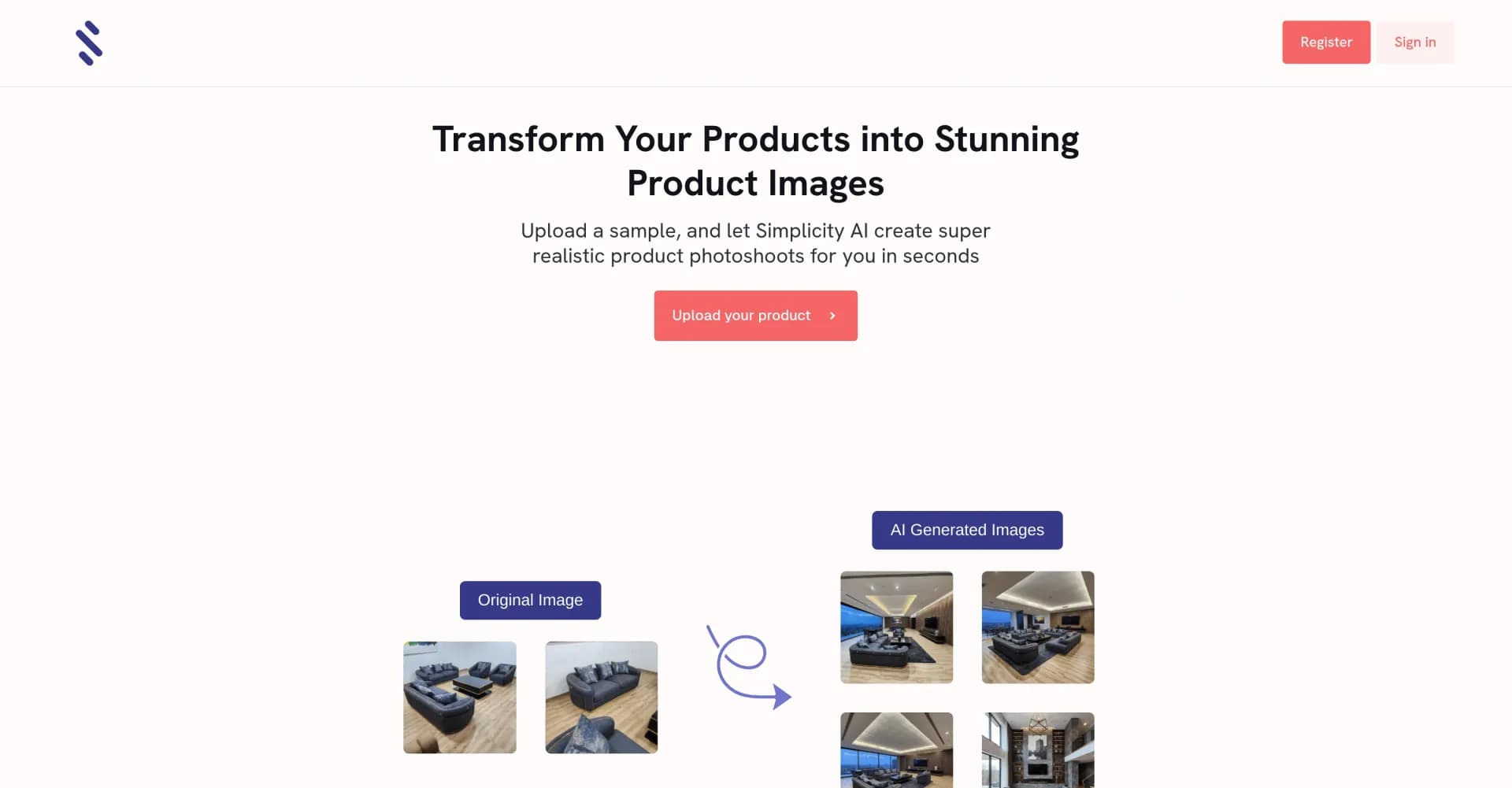 Simplicity AI homepage screenshot — Create stunning product photoshoots with AI