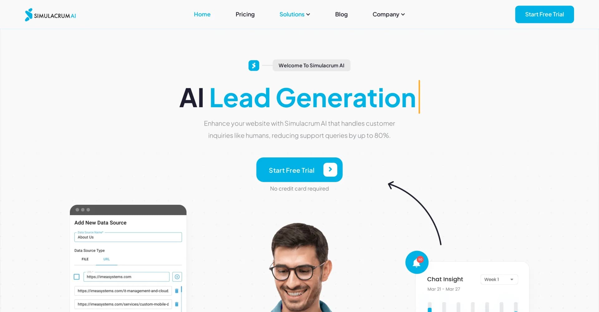 Simulacrum homepage screenshot — AI chat assistant for seamless customer support