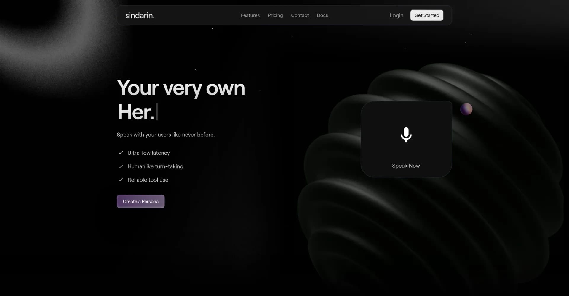 Sindarin homepage screenshot — Build your own conversational speech AI.