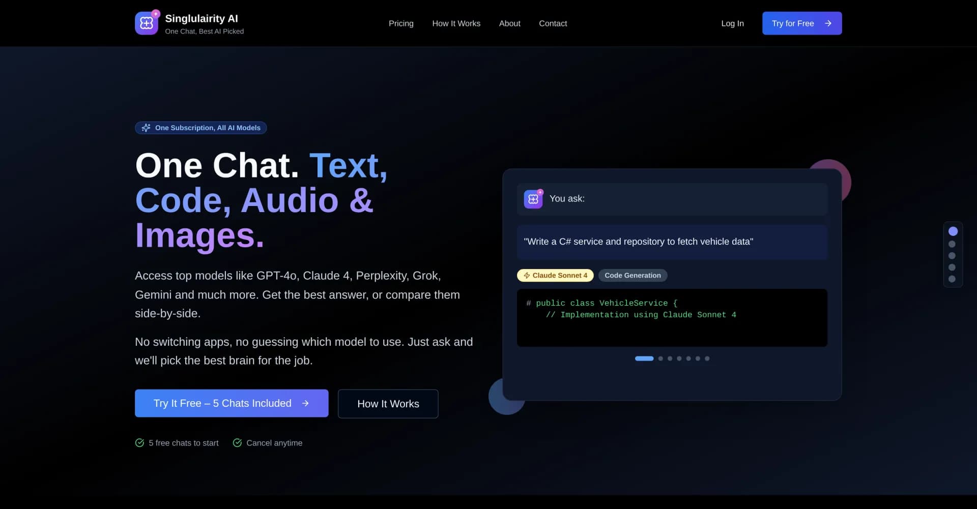 Singularity AI homepage screenshot — One chat, best AI picked for you.