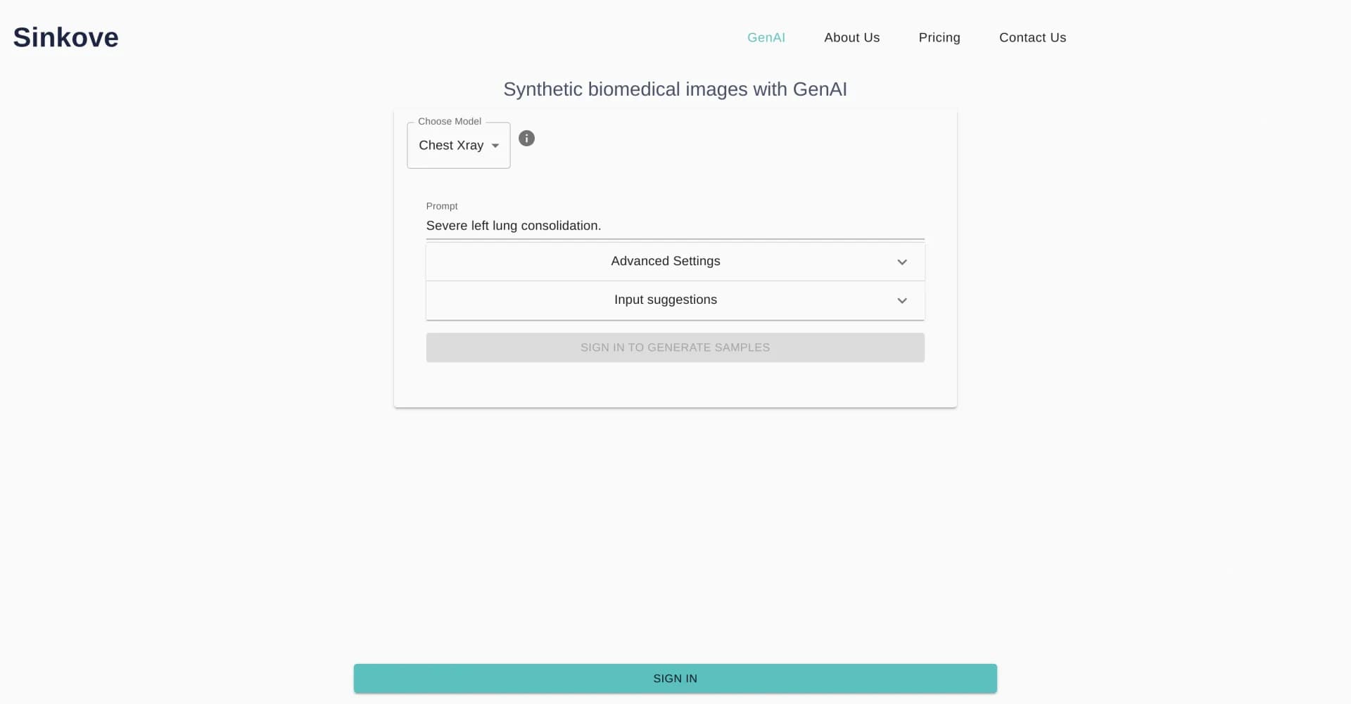 Sinkove homepage screenshot — Create synthetic biomedical images with GenAI.