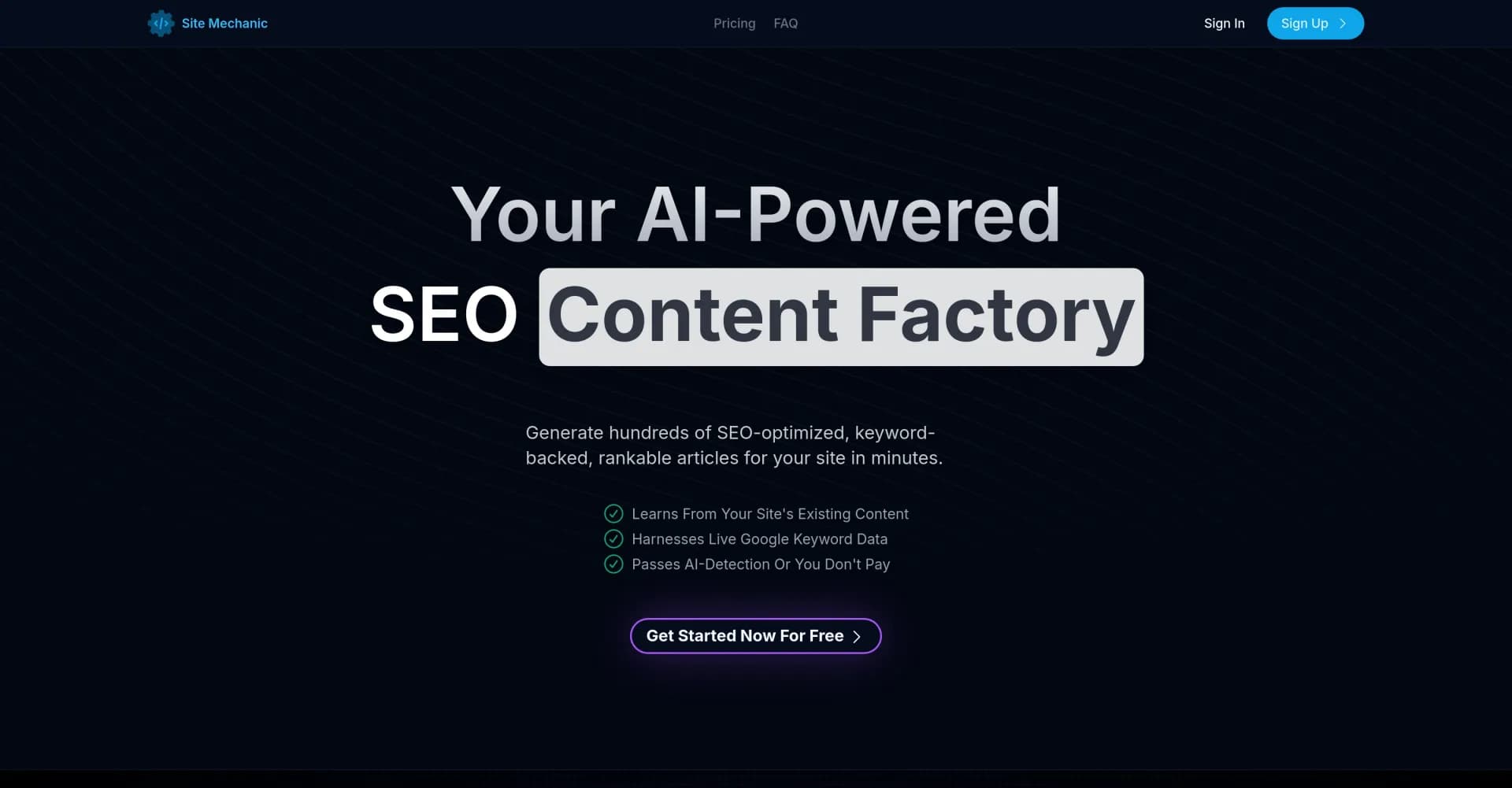 Site Mechanic homepage screenshot — Automate SEO-optimized content at scale