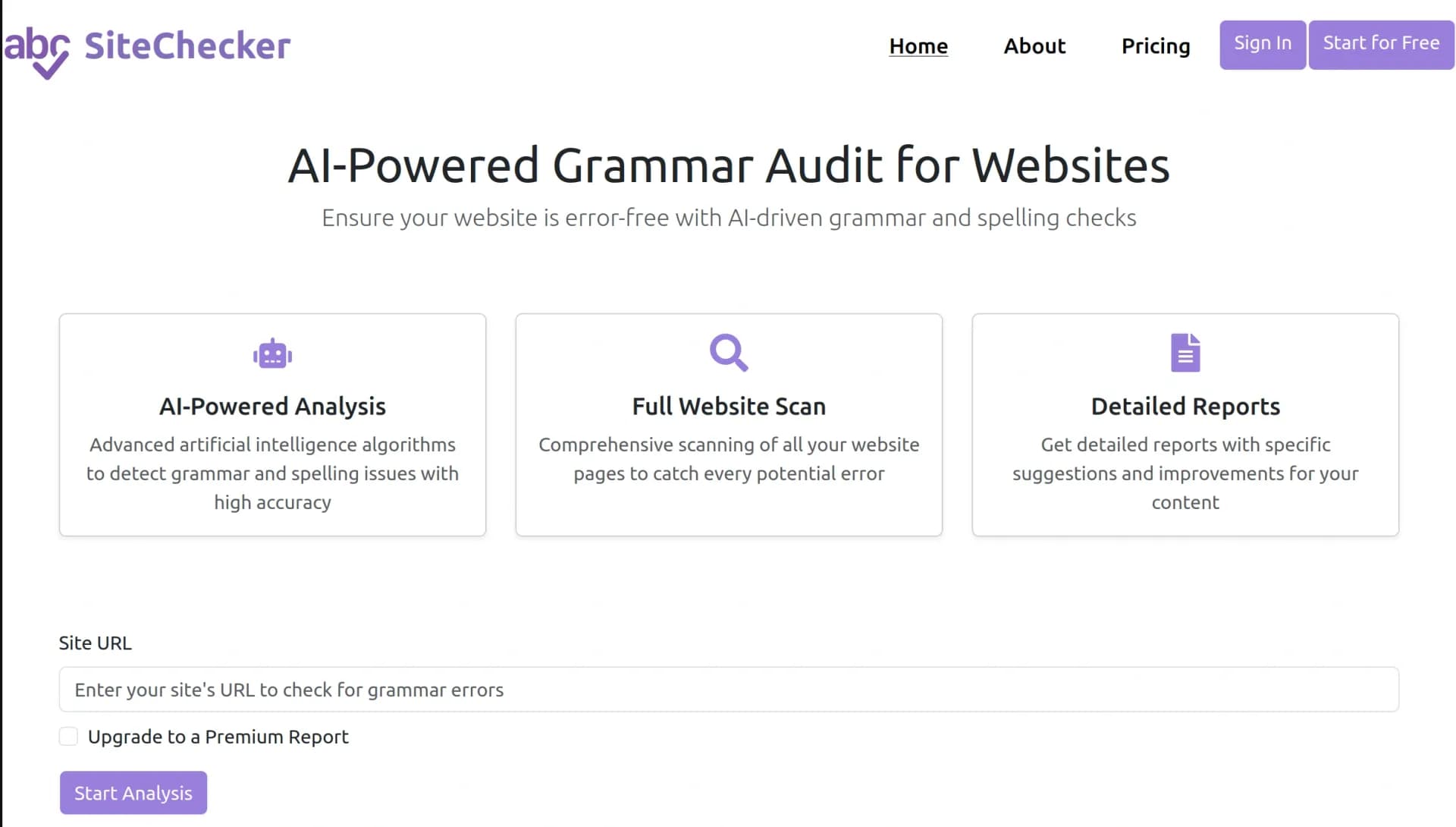 SiteChecker homepage screenshot — Comprehensive website analysis in one click.