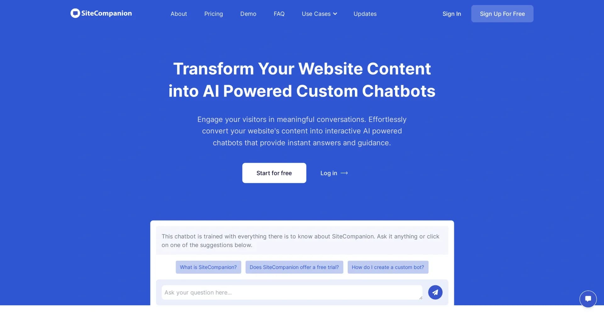 SiteCompanion homepage screenshot — Turn website content into interactive AI chatbots.
