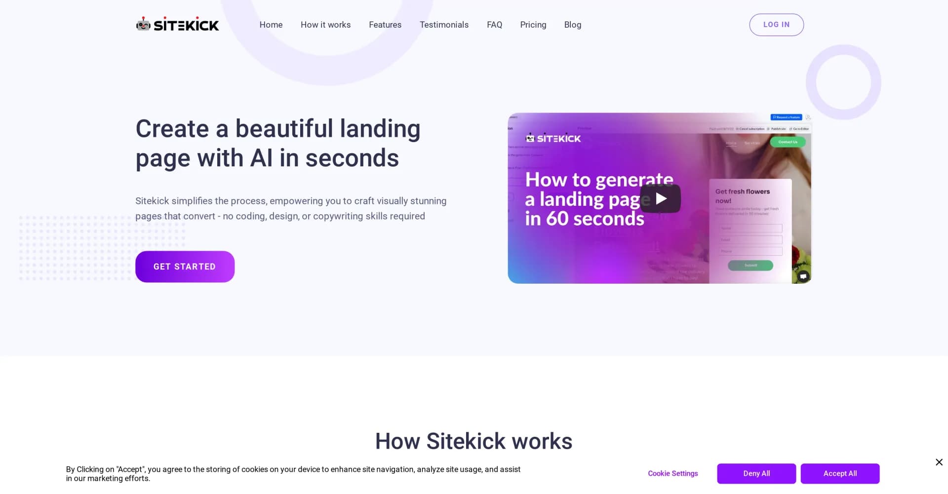 Sitekick homepage screenshot — Create stunning landing pages with AI in seconds.