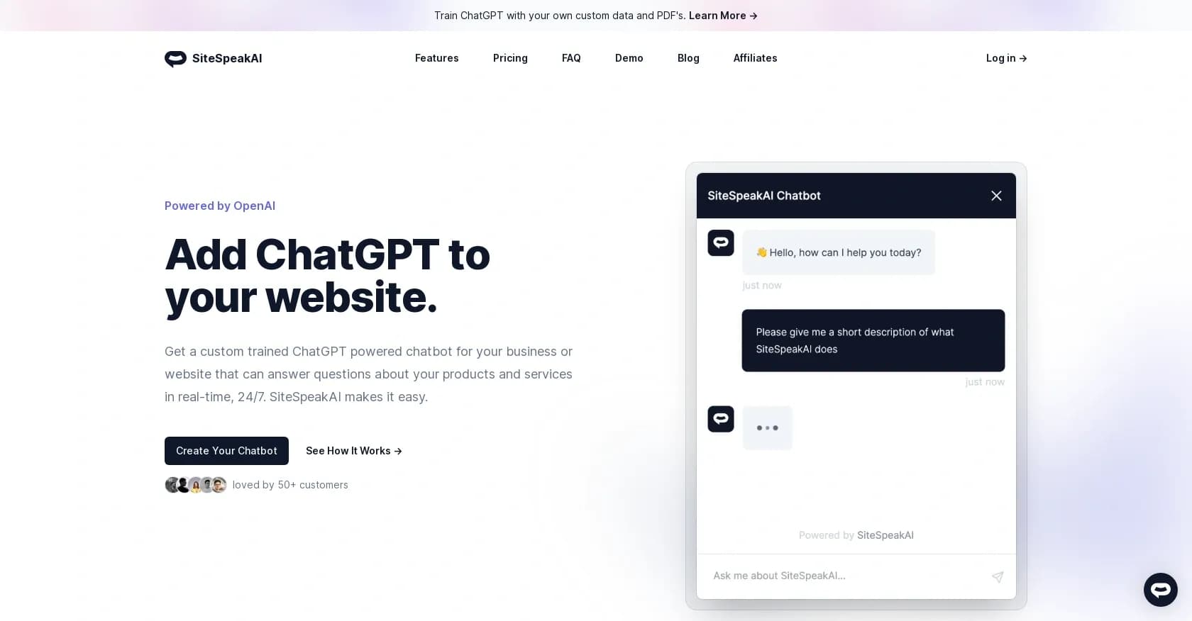 SiteSpeakAI homepage screenshot — Website chatbot answering product/service questions