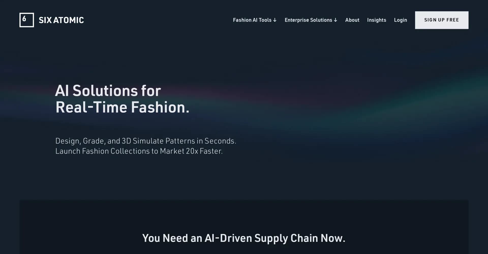 Six Atomic homepage screenshot — AI-driven apparel supply chain solutions