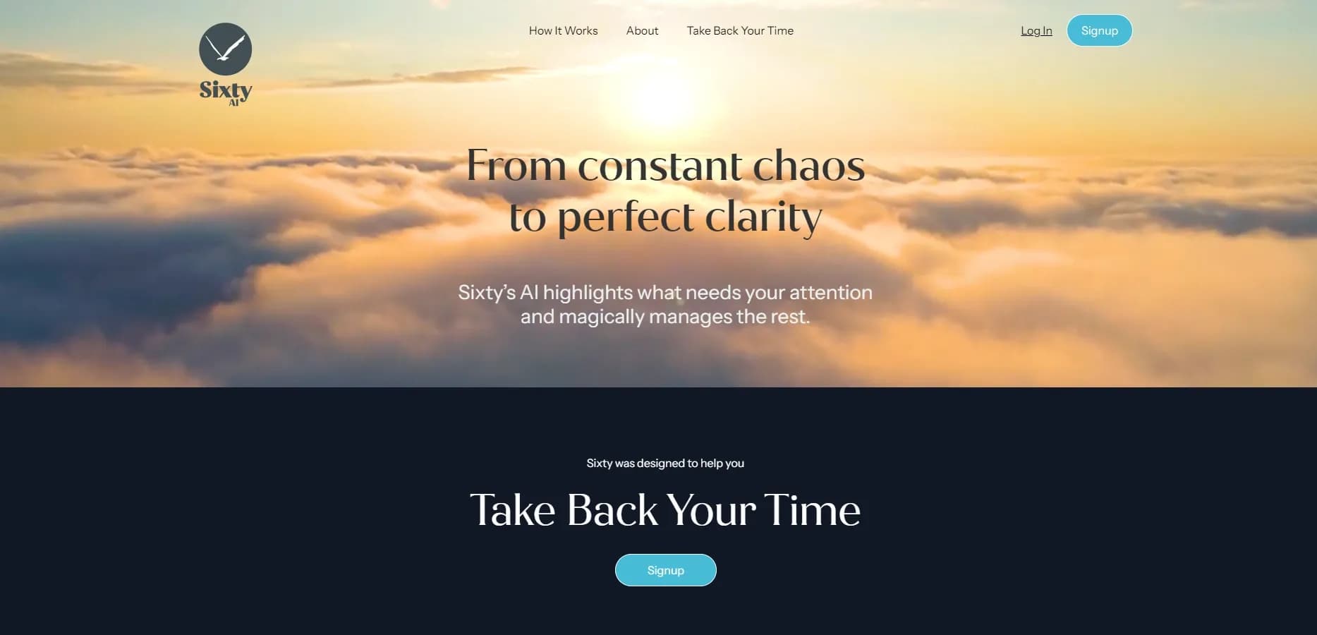 Sixty homepage screenshot — From chaos to clarity: AI manages tasks, you focus on what m