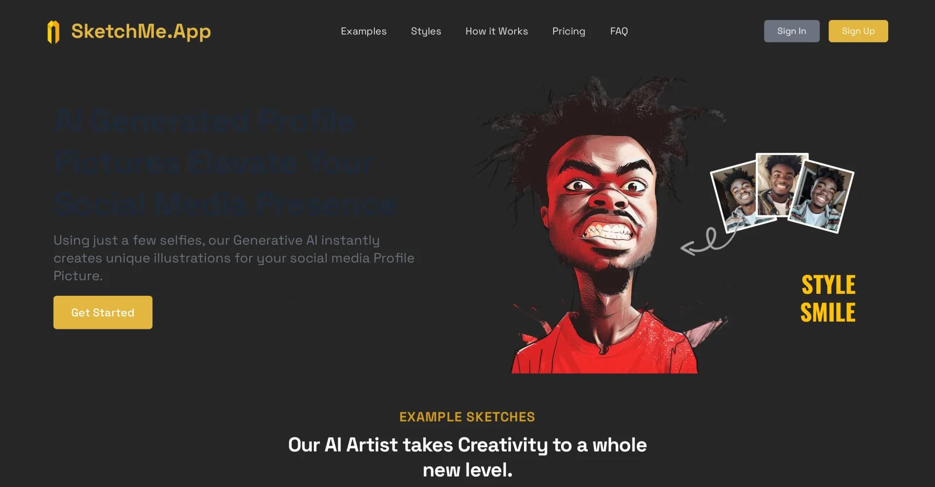 SketchMe.App homepage screenshot — Transform selfies into stunning AI profile pictures.