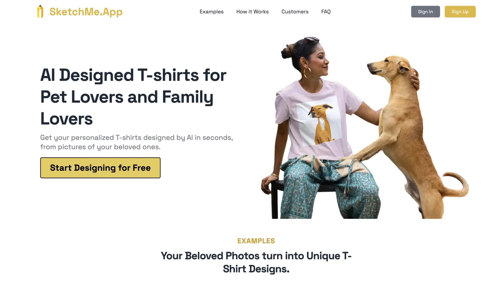 SketchMe.App T-shirts homepage screenshot — AI transforms pet photos into unique t-shirt designs.