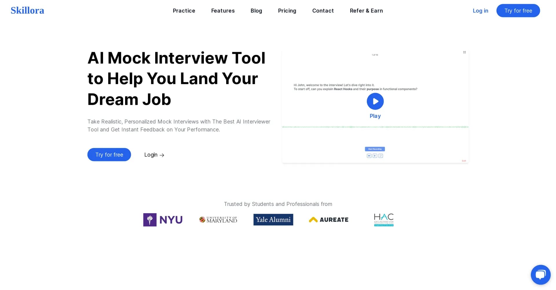 Skillora homepage screenshot — Master interviews with AI-powered mock sessions