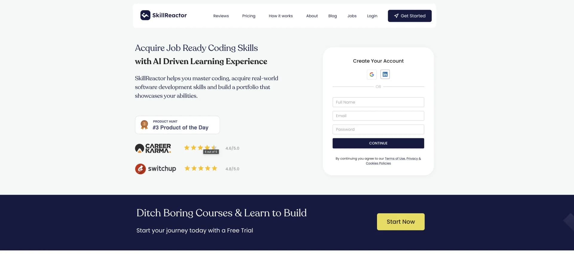SkillReactor homepage screenshot — Master coding through AI-driven real-world projects