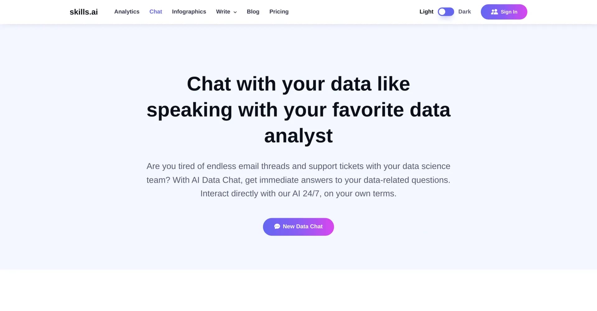 Skills AI Chat homepage screenshot — AI copilot for 10x faster data analytics