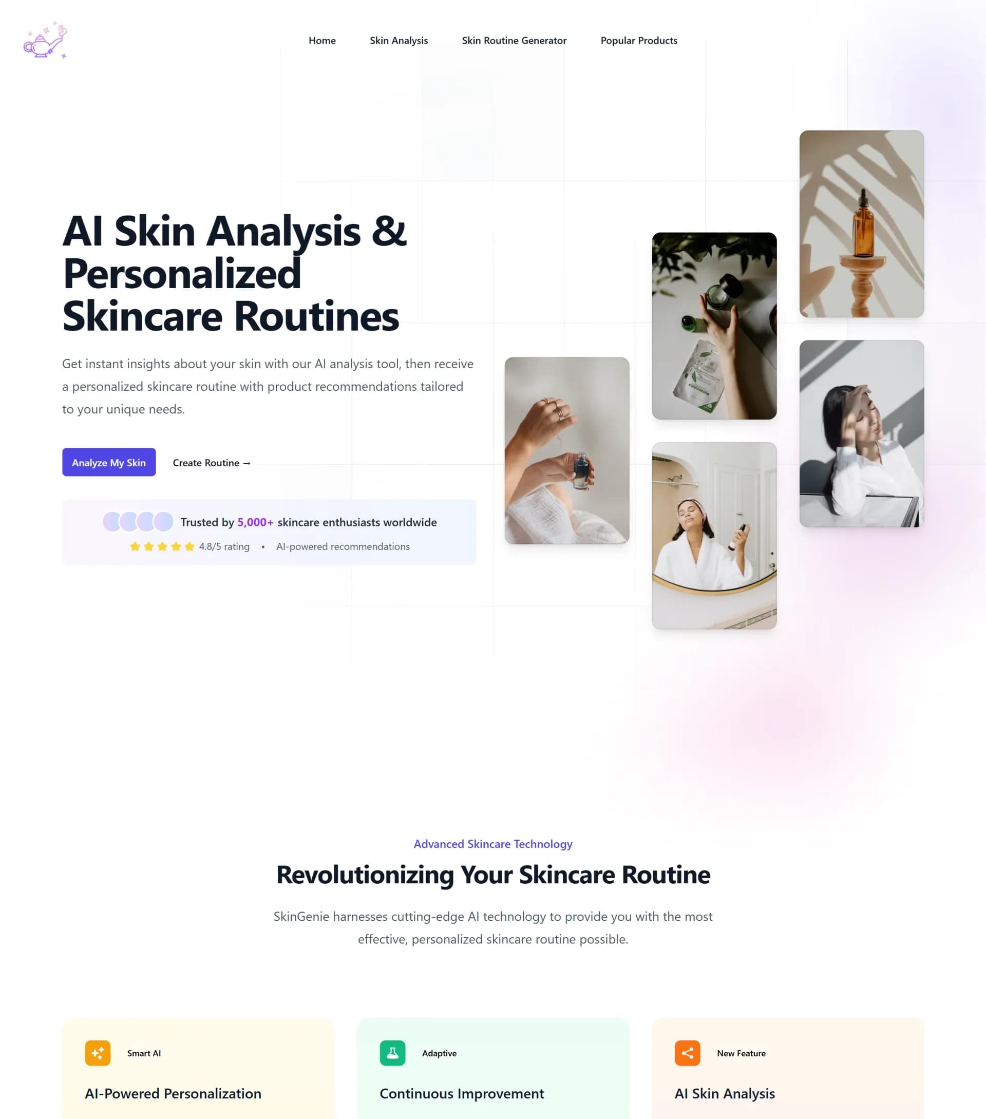 SkinGenie homepage screenshot — AI-powered personalized skin analysis and skincare routine g