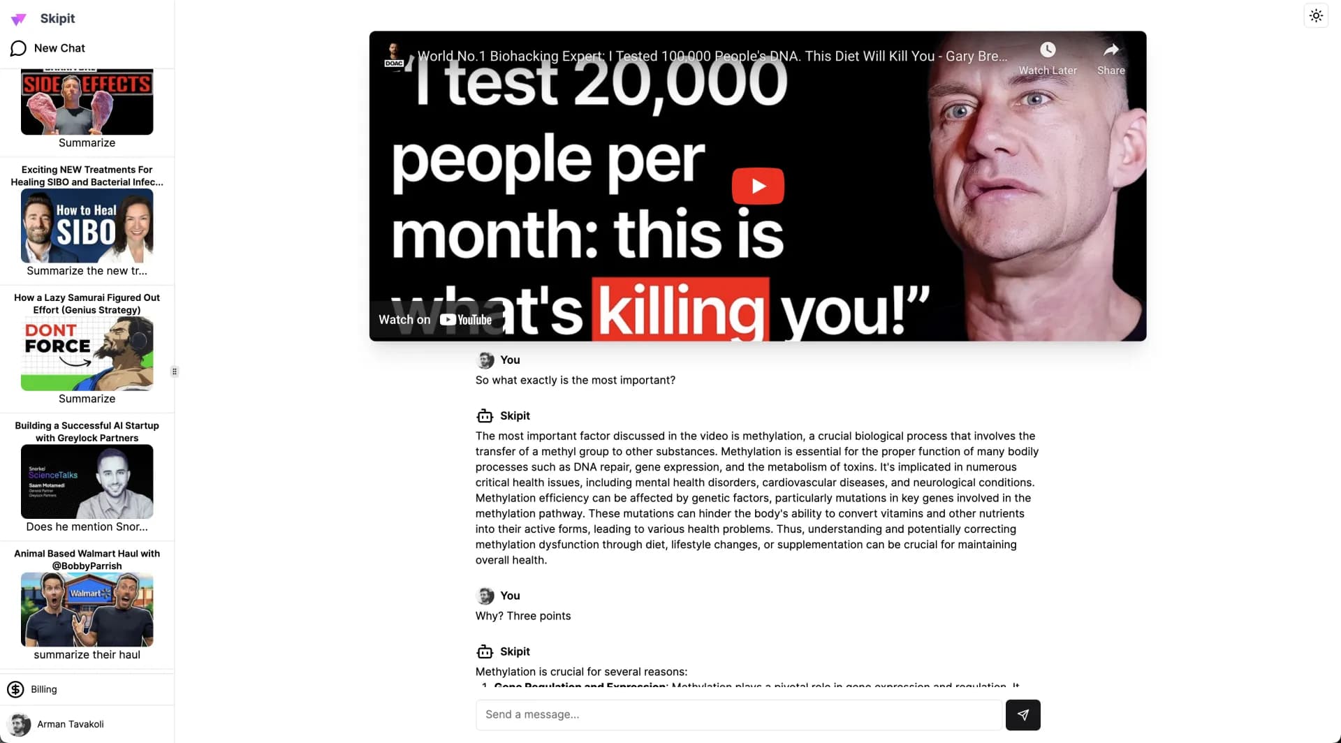Skipit AI homepage screenshot — AI YouTube summarizer: Get instant answers, save time.