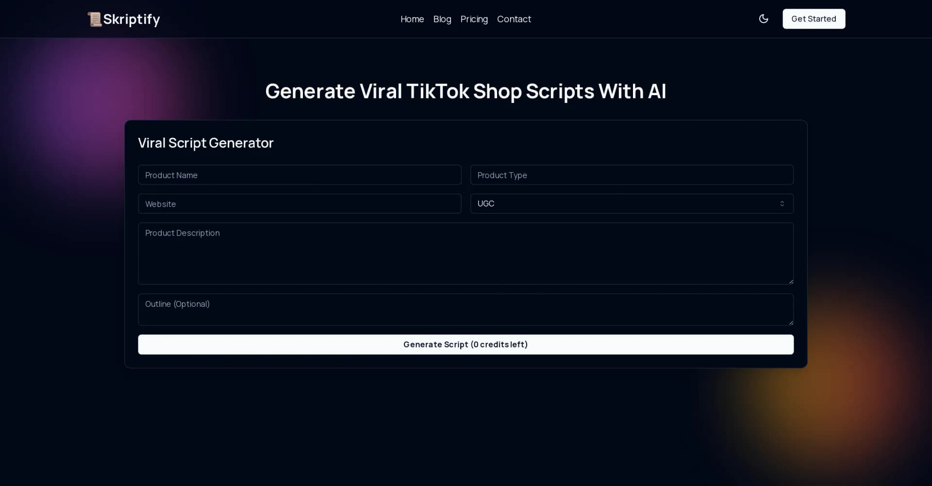 Skriptify homepage screenshot — Generate viral TikTok product scripts instantly.