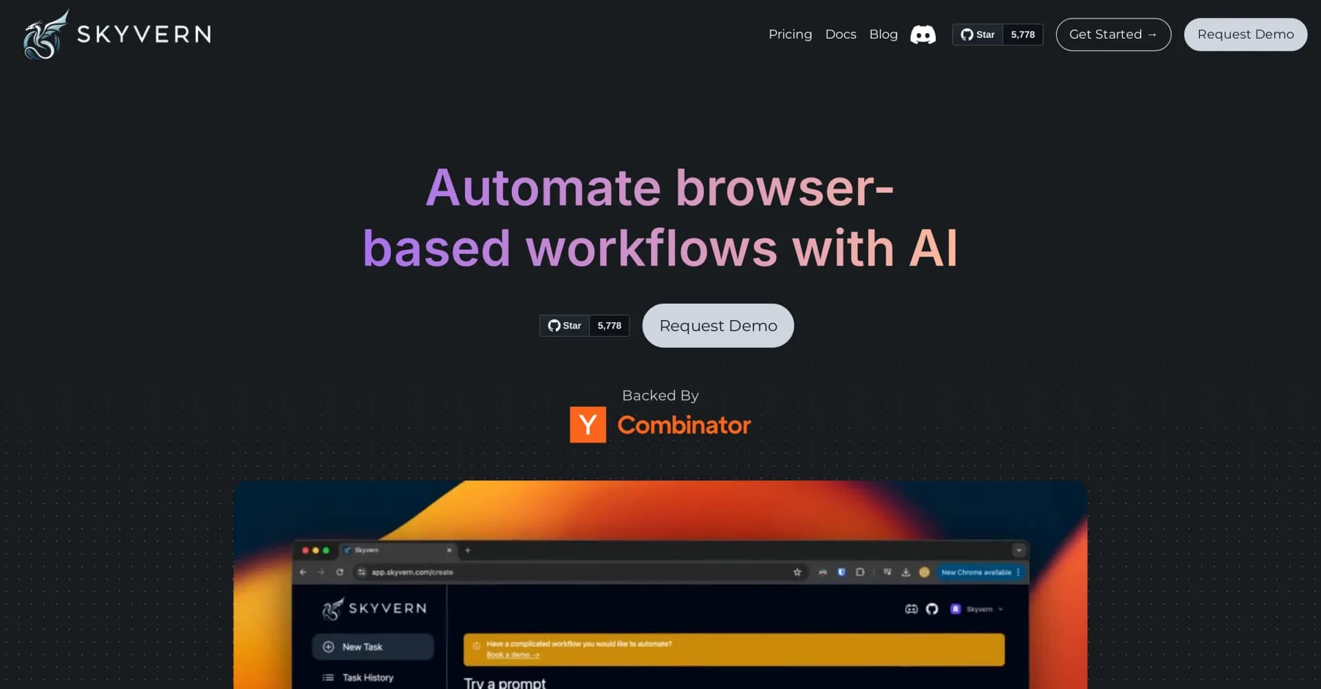 Skyvern homepage screenshot — Automate browser workflows with AI.