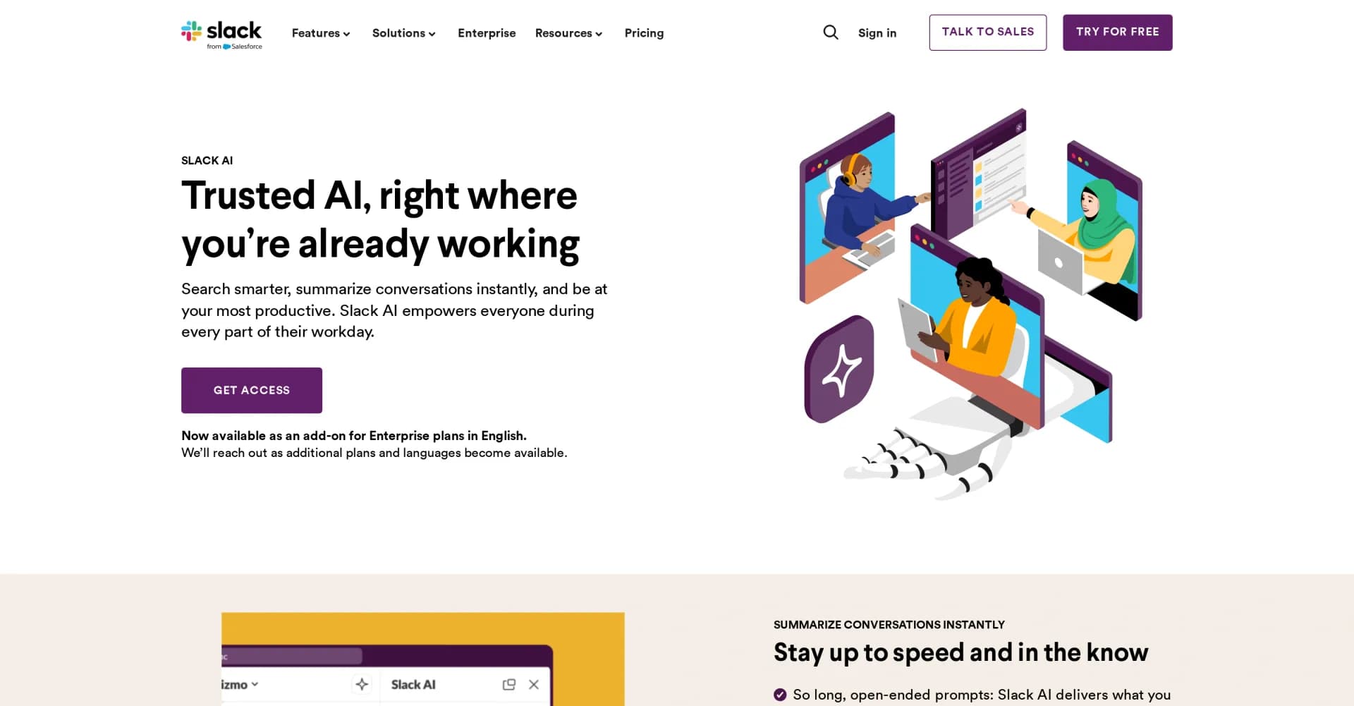 Slack AI homepage screenshot — AI that boosts your team's productivity.