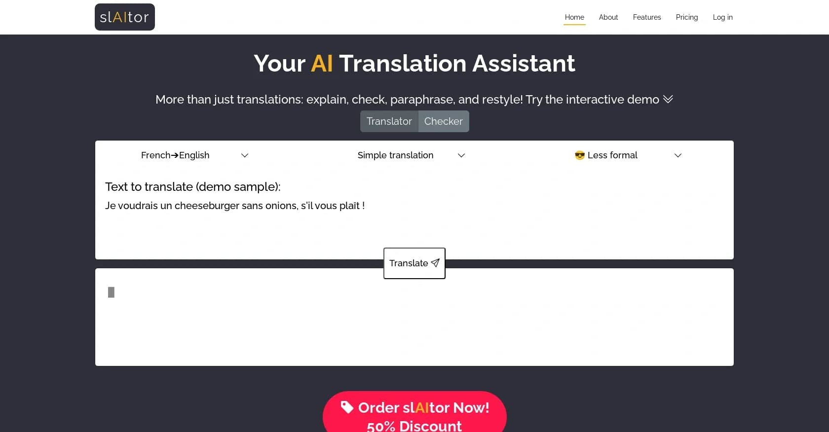 slAItor homepage screenshot — AI-powered translation assistant with enhanced features