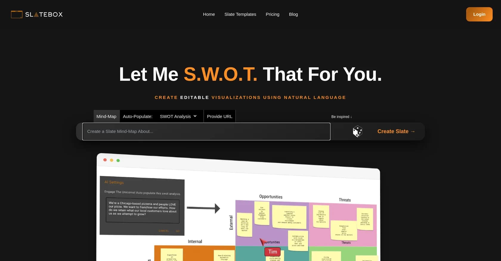 Slatebox homepage screenshot — Create visualizations from natural language