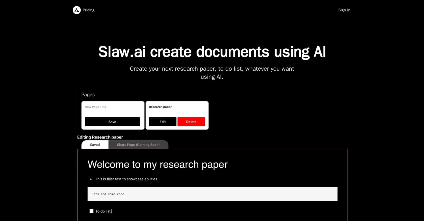 Slaw homepage screenshot — Create documents using AI