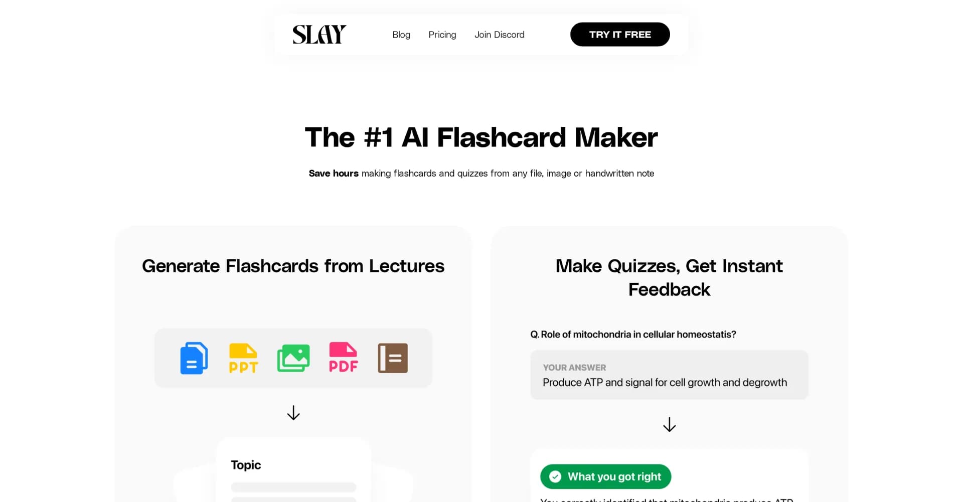 Slay School homepage screenshot — Transform lectures into interactive flashcards and quizzes i