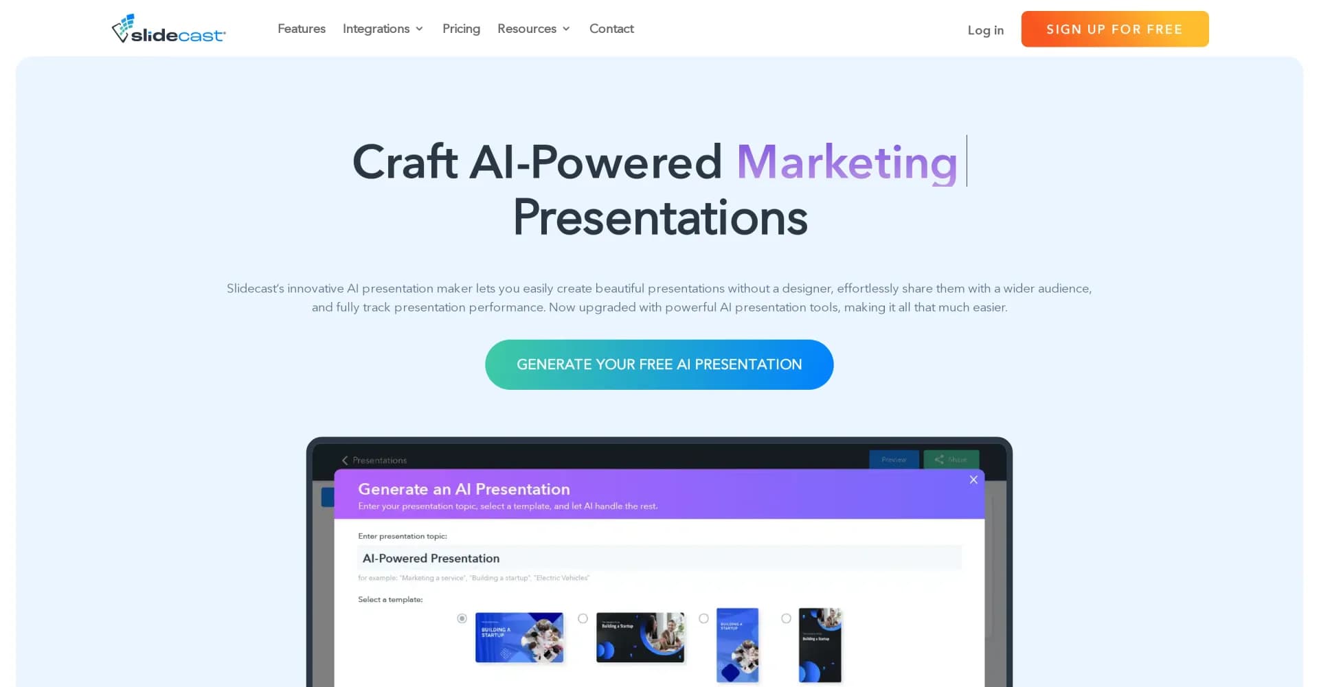 Slidecast homepage screenshot — Create custom AI presentations in seconds.