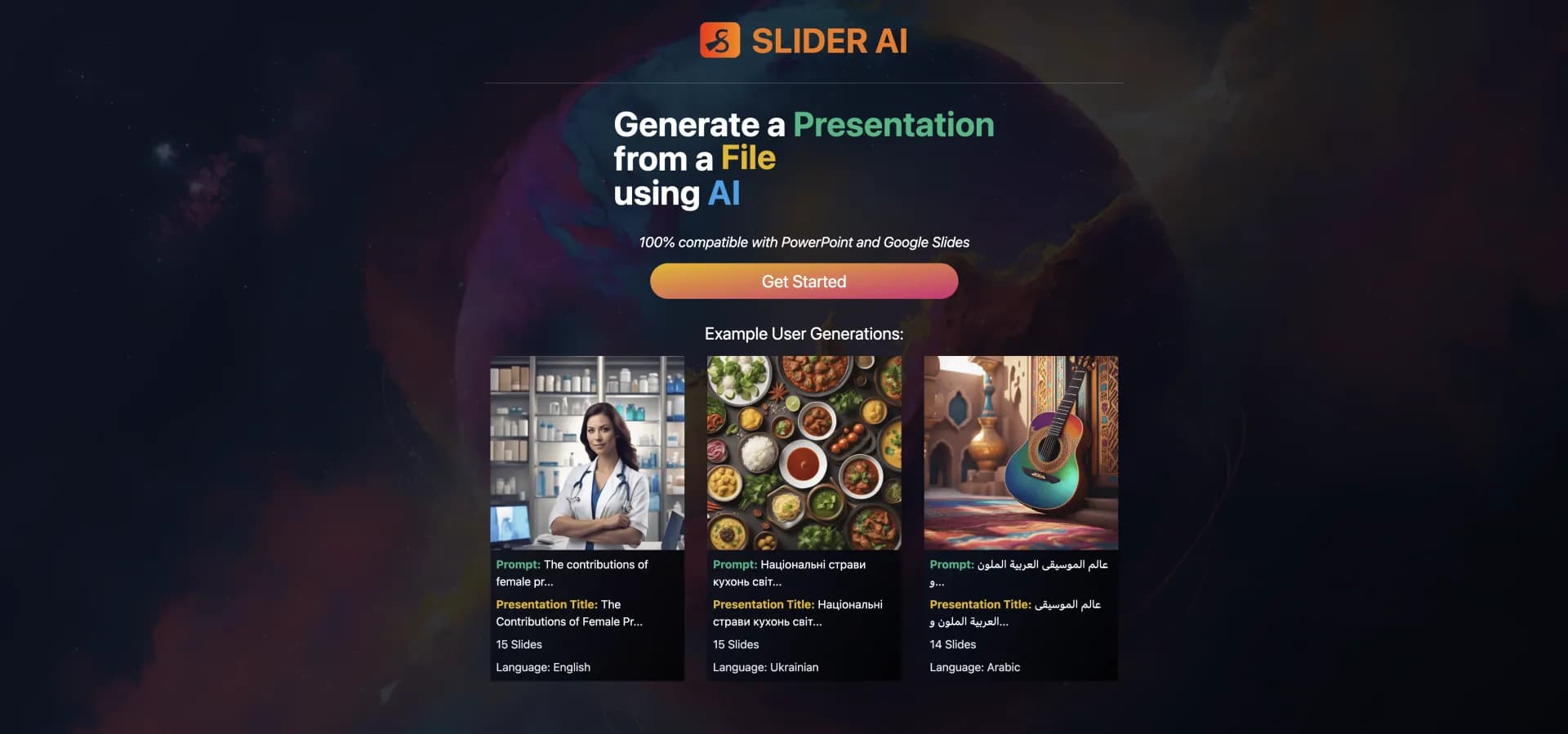 SliderAI homepage screenshot — AI-powered presentations from a single prompt.