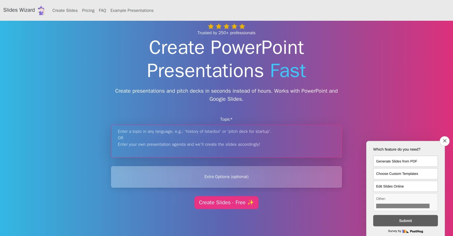 Slides Wizard homepage screenshot — Create presentations in seconds with AI