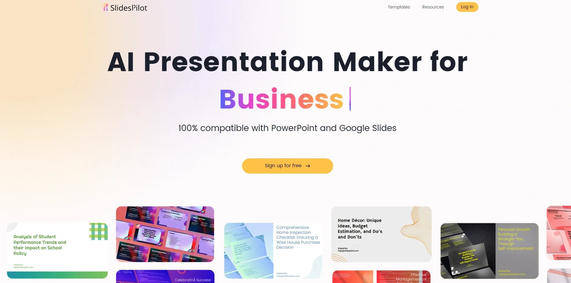 SlidesPilot homepage screenshot — Creates visually appealing presentations efficiently.