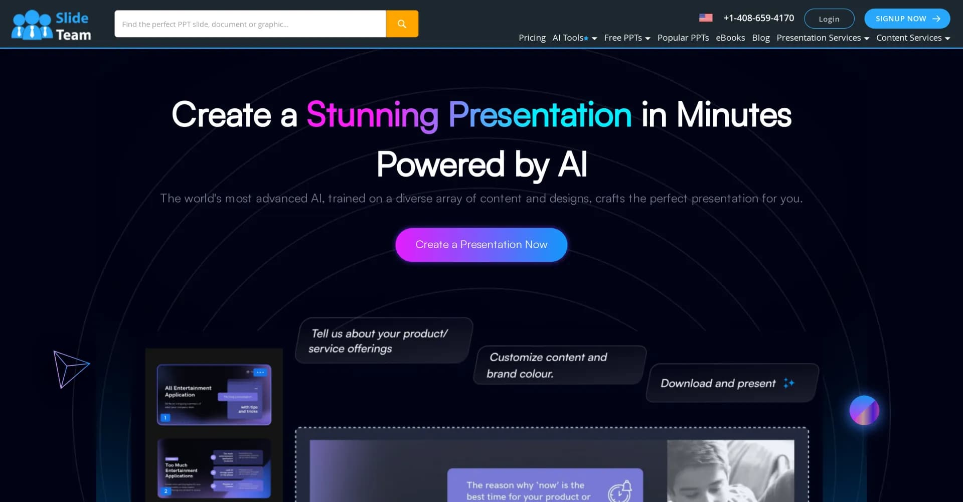 Slideteam - Presentation Maker homepage screenshot — Generate professional presentations in seconds with AI