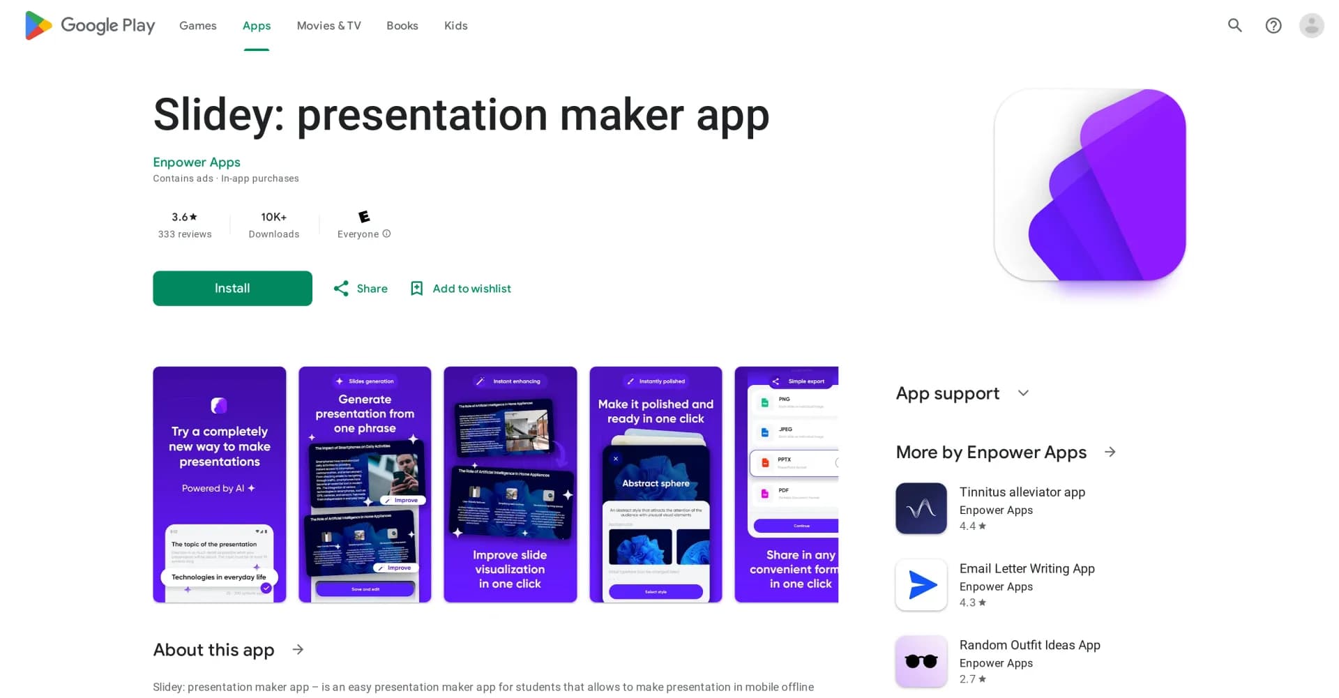 Slidey homepage screenshot — Easy presentation maker app for students offline.
