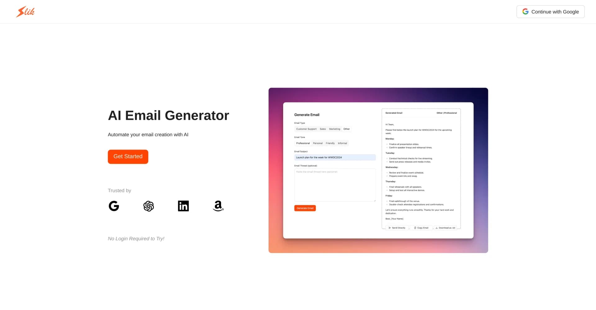 SlikSafe Email Generator homepage screenshot — Create professional emails in seconds with AI