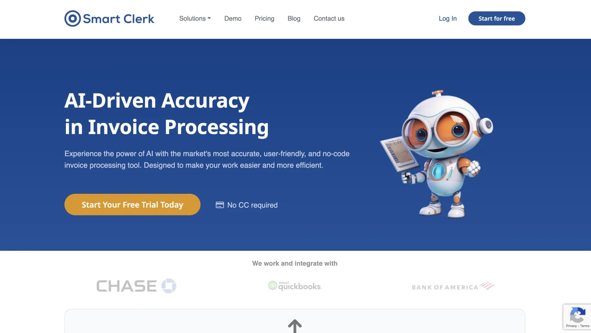 Smart Clerkv1.2 homepage screenshot — AI-powered bookkeeping: Accountant-ready docs from bank stat