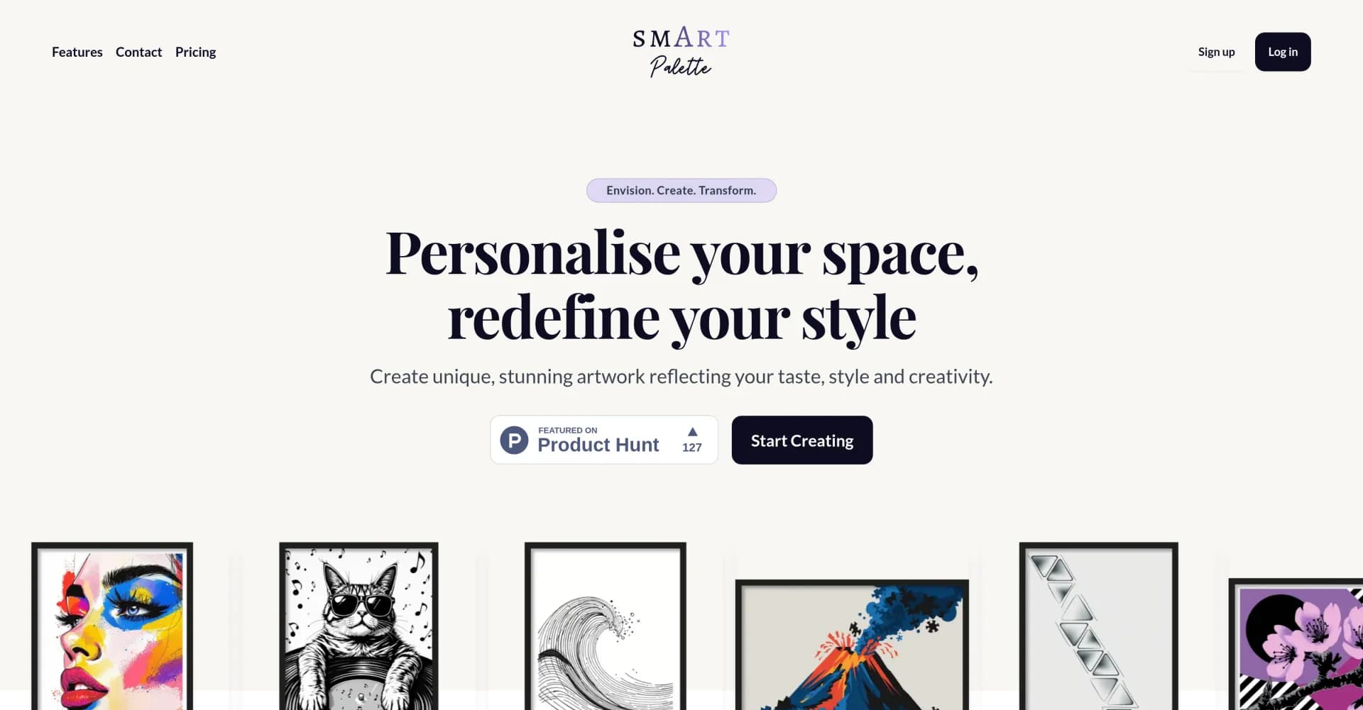 Smart Palette homepage screenshot — Turn your vision into stunning, wall-ready artwork in second