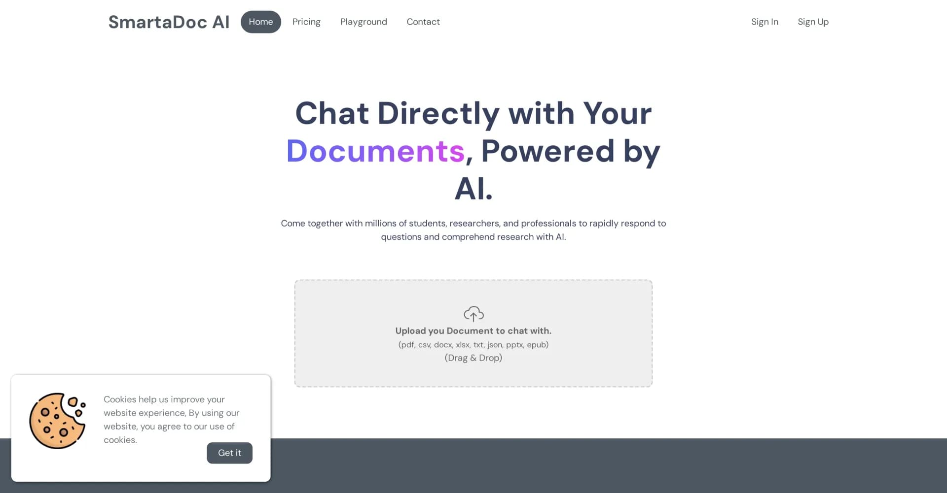SmartaDoc homepage screenshot — Chat directly with your documents, powered by AI.