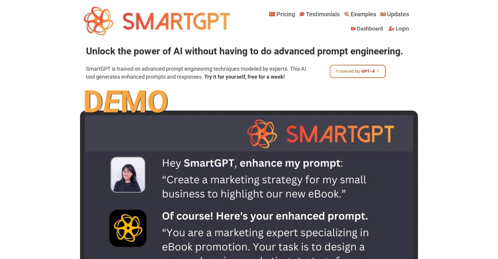 SmartGPT homepage screenshot — Unlock AI power without advanced prompt engineering.