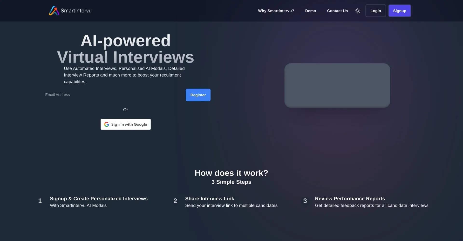 SmartIntervu homepage screenshot — AI-powered virtual interviews to boost recruitment capabilit
