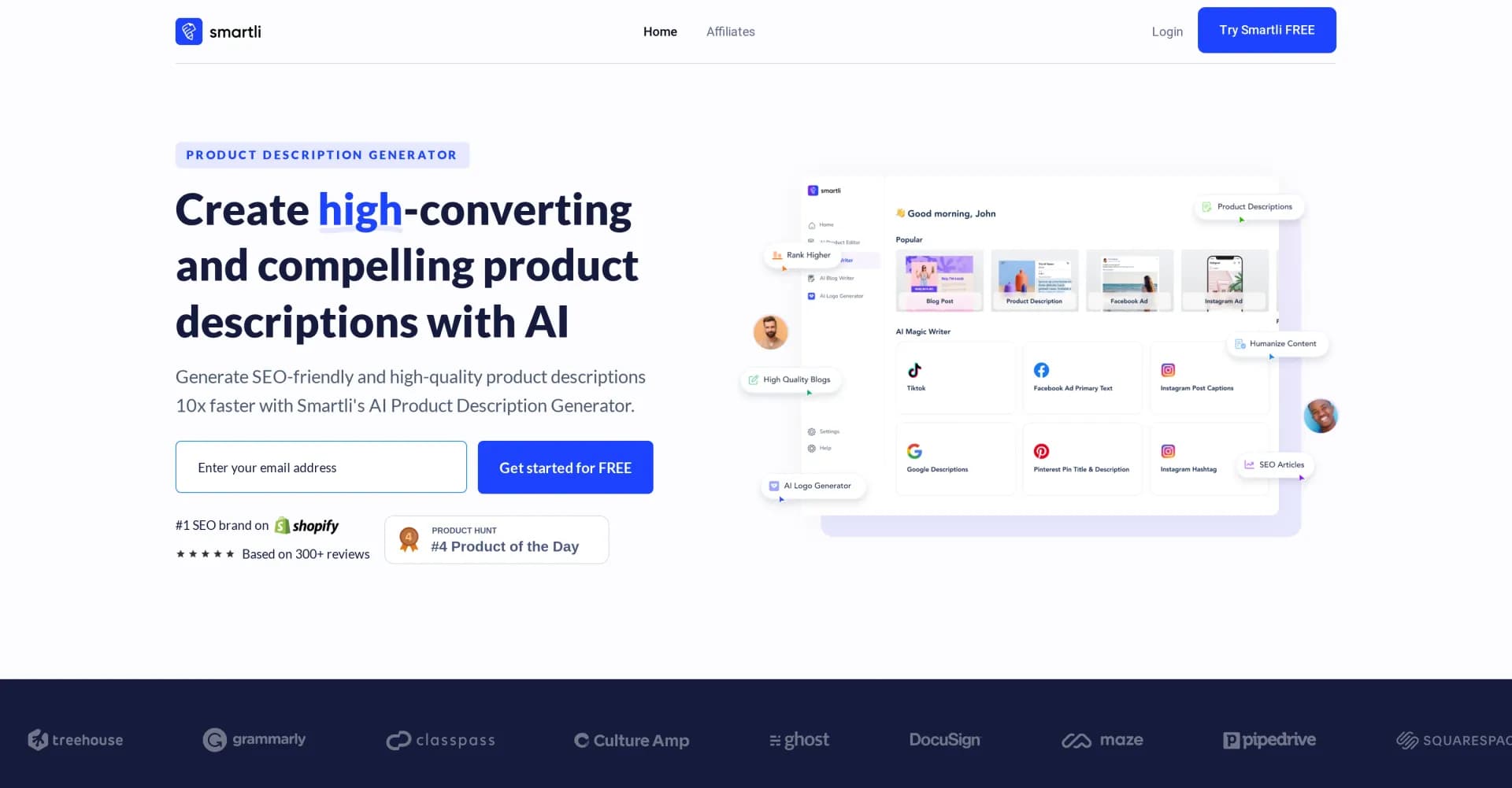 Smartli homepage screenshot — Boost sales with AI-powered product descriptions