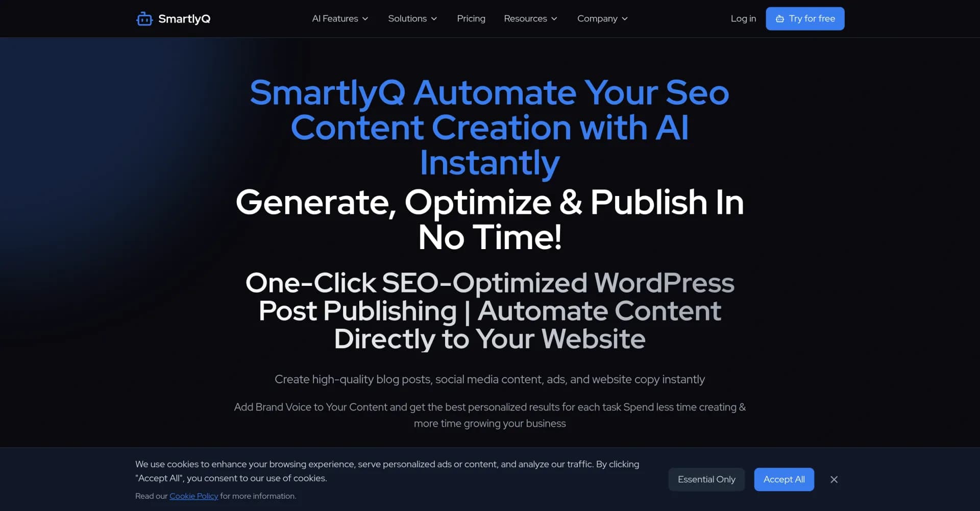 SmartlyQv4 homepage screenshot — Automate SEO content creation with AI