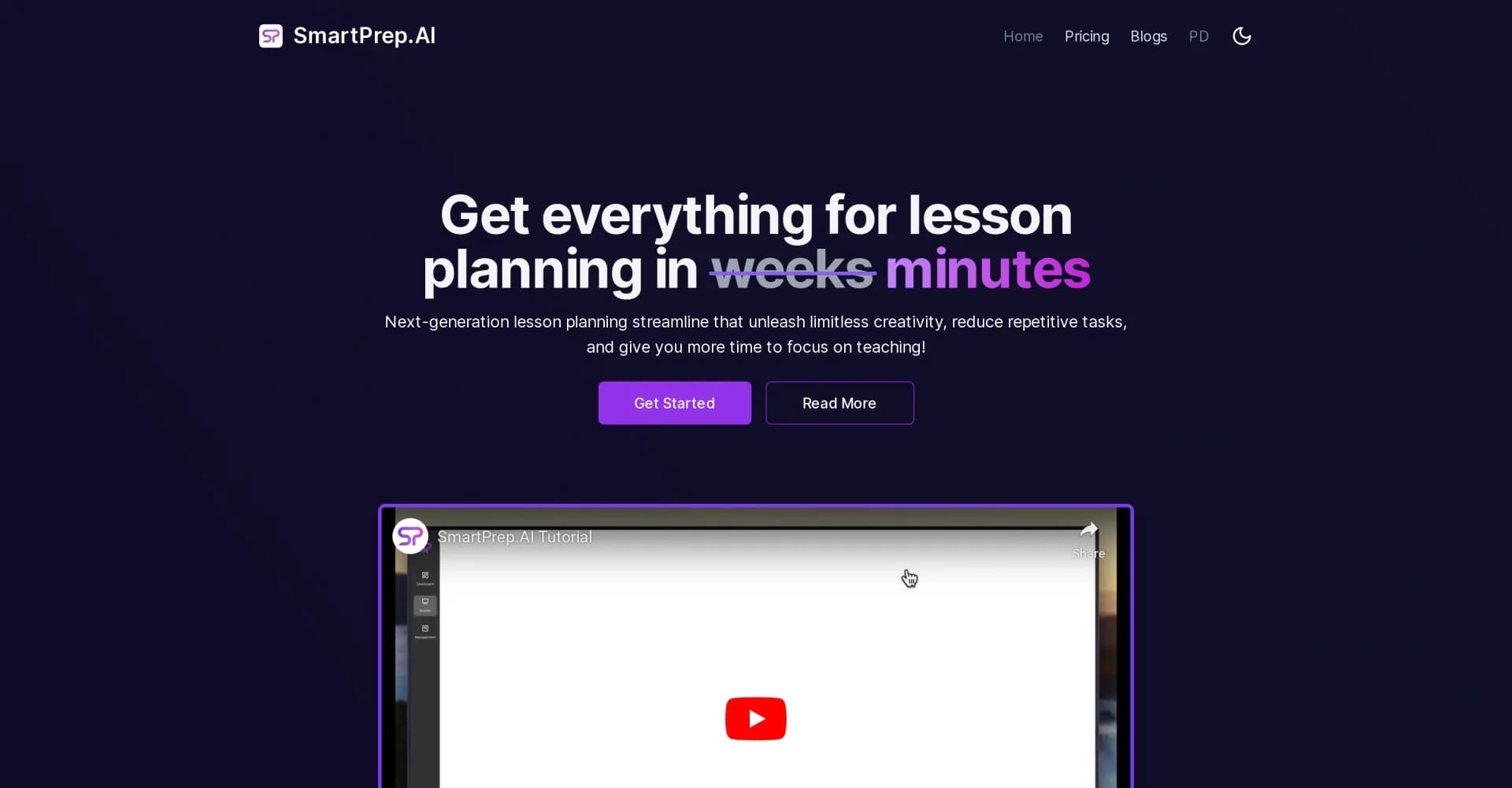 SmartPrep homepage screenshot — Streamline lesson planning in minutes, not weeks.