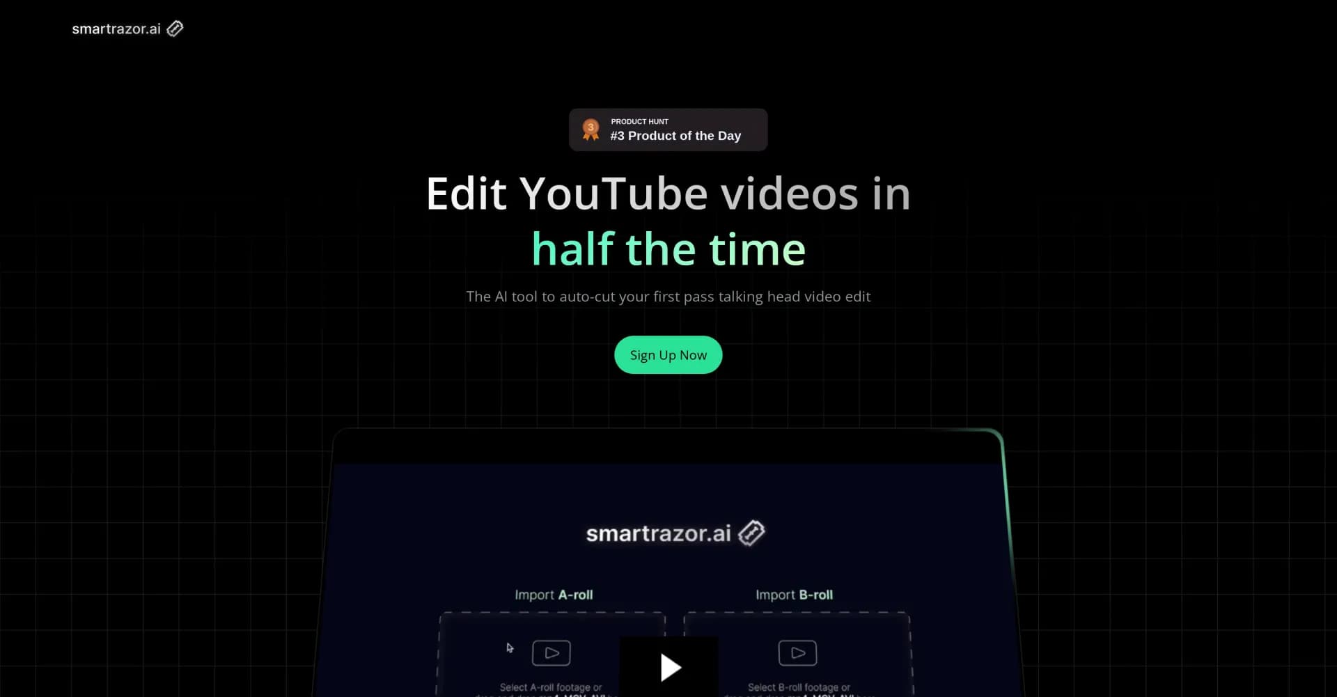 Smartrazor homepage screenshot — AI-powered YouTube editing in half the time.