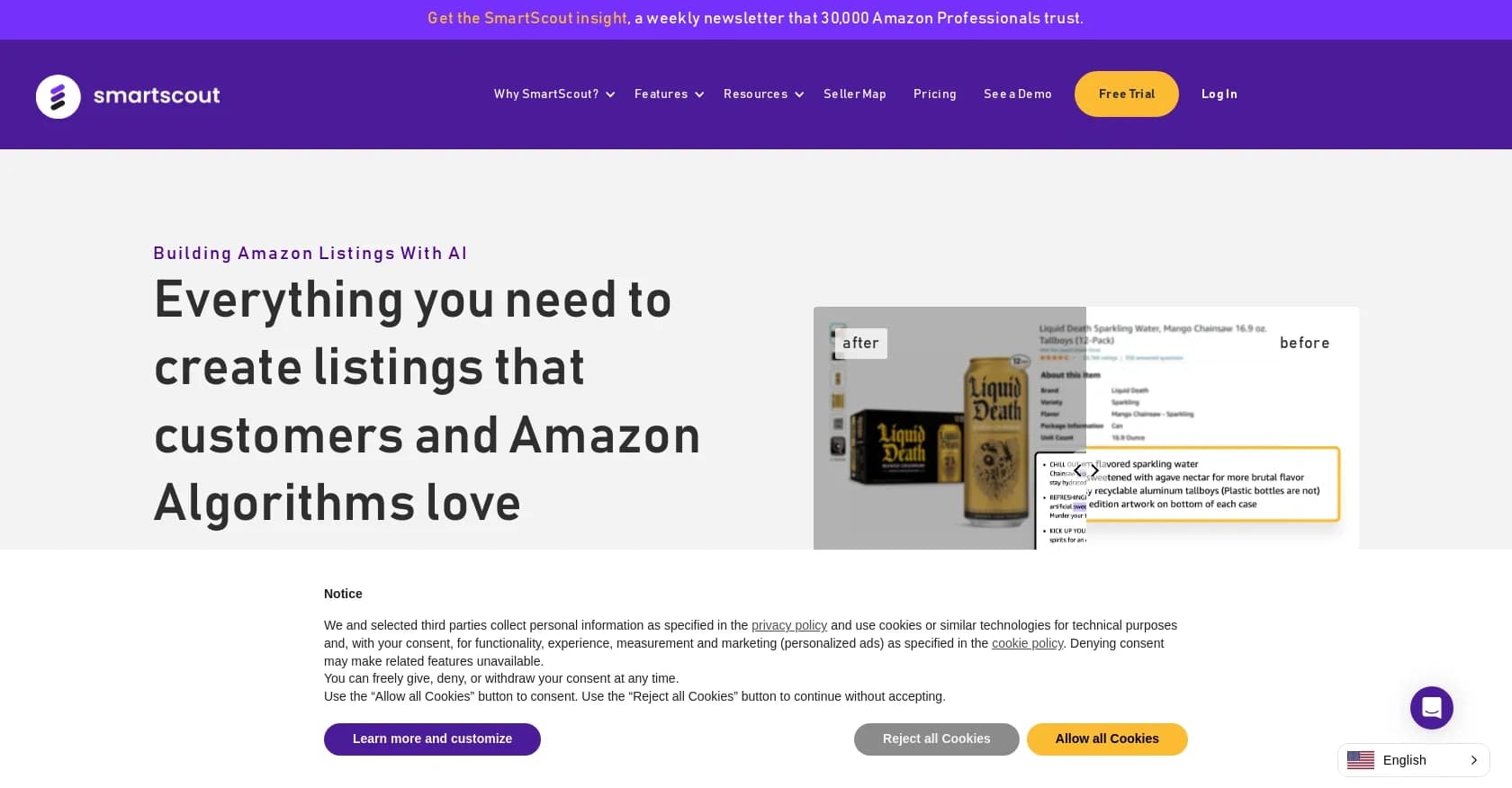 Smartscout homepage screenshot — Create optimized Amazon listings in minutes with AI