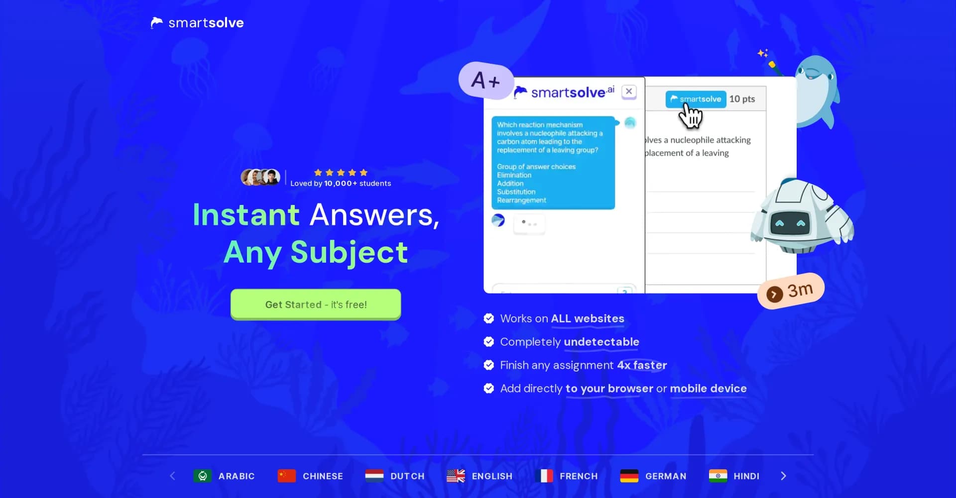 SmartSolve homepage screenshot — Instant answers for any subject, any assignment