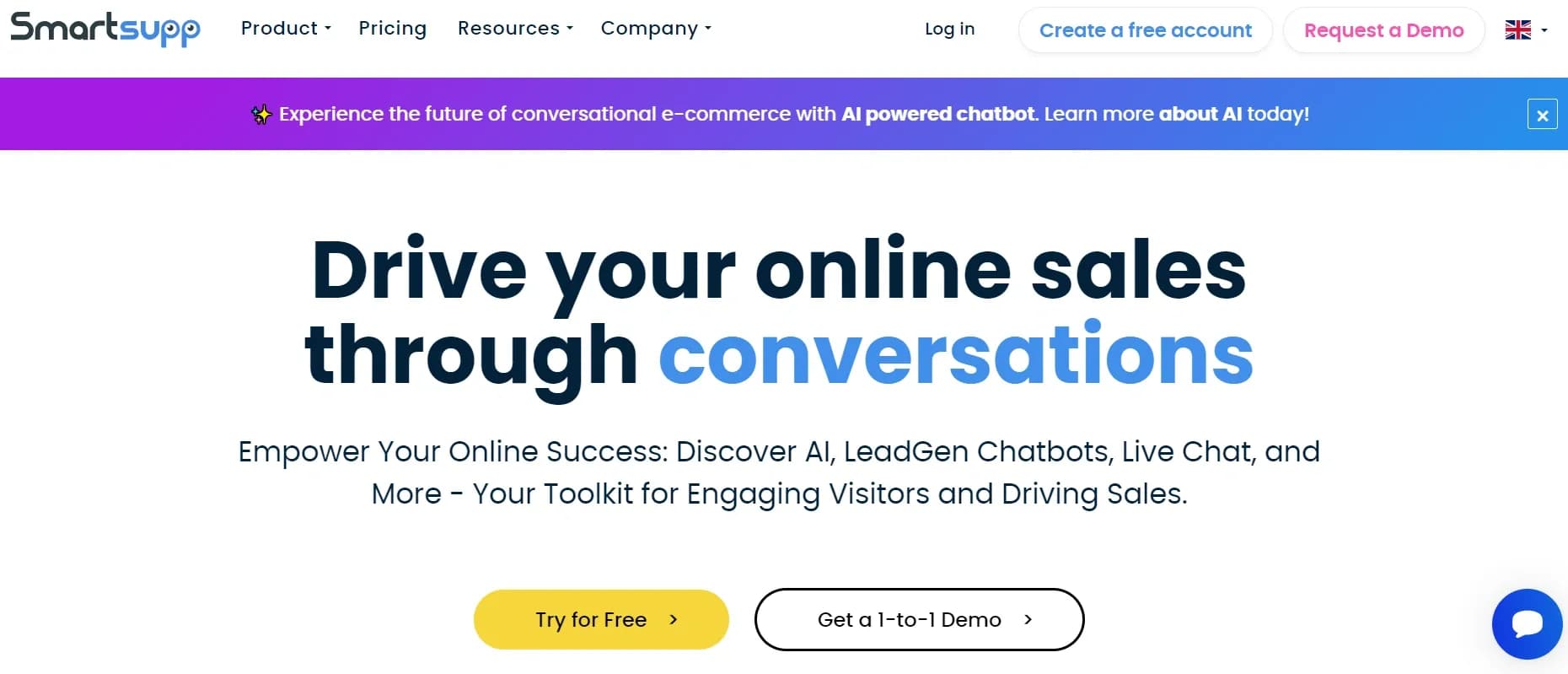 Smartsupp homepage screenshot — Personal online shopping assistant that drives sales