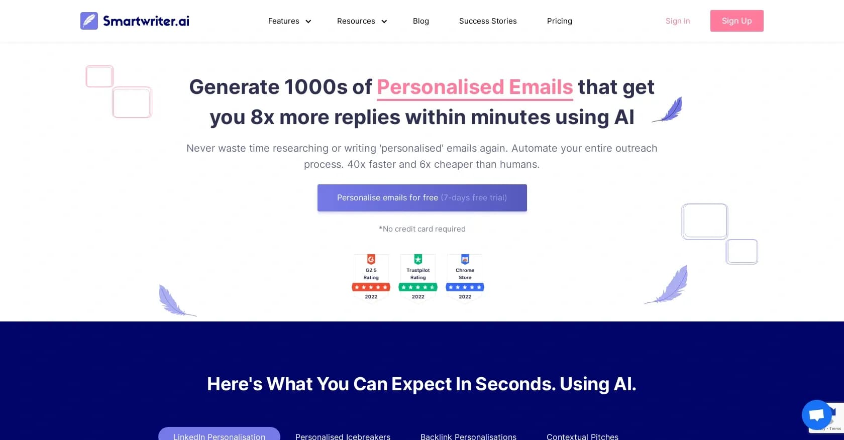 Smartwriter homepage screenshot — AI-powered personalized cold emails that convert.