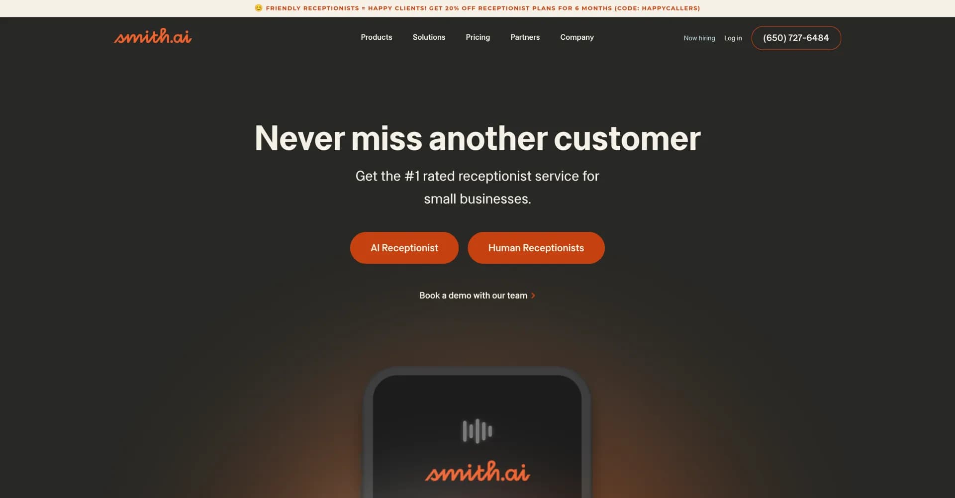 Smith.ai homepage screenshot — 24/7 AI-human hybrid customer engagement